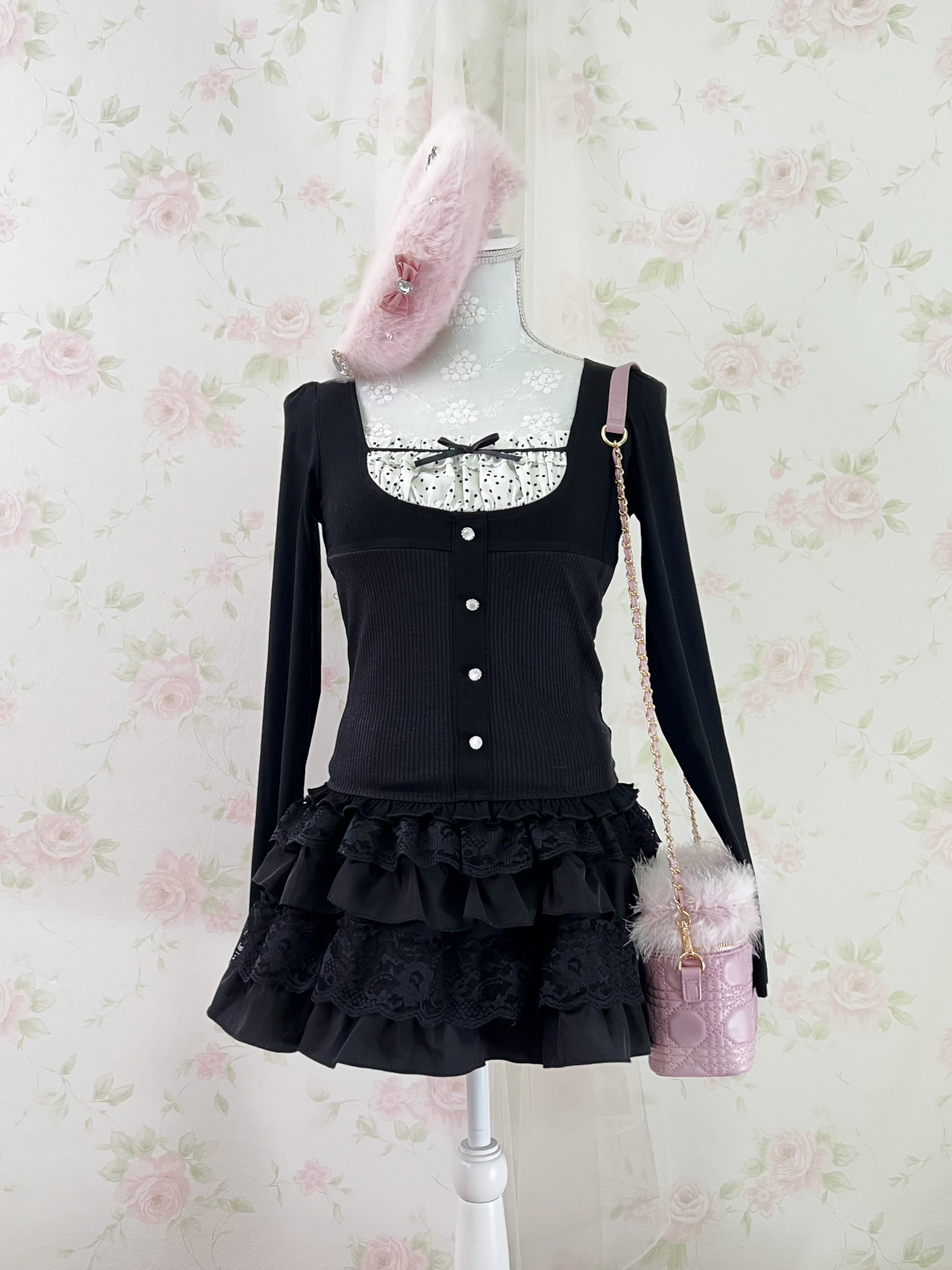 Polka Dot Milkmaid Top (Black)