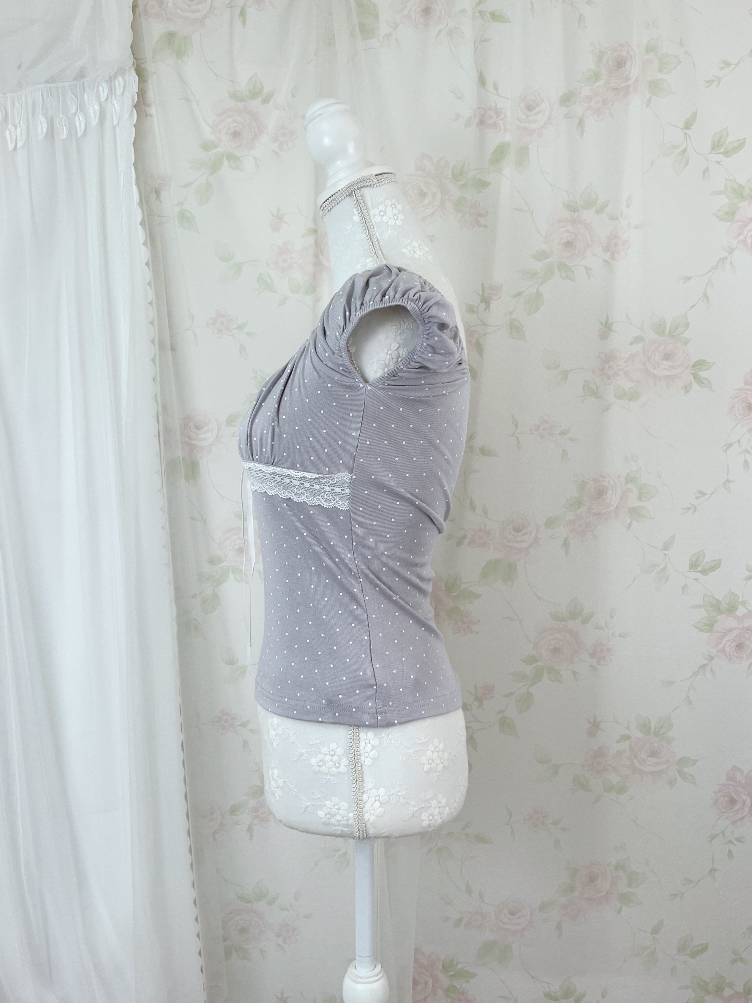 Polka dot Shoujo Gather Front T-shirt (Gray)