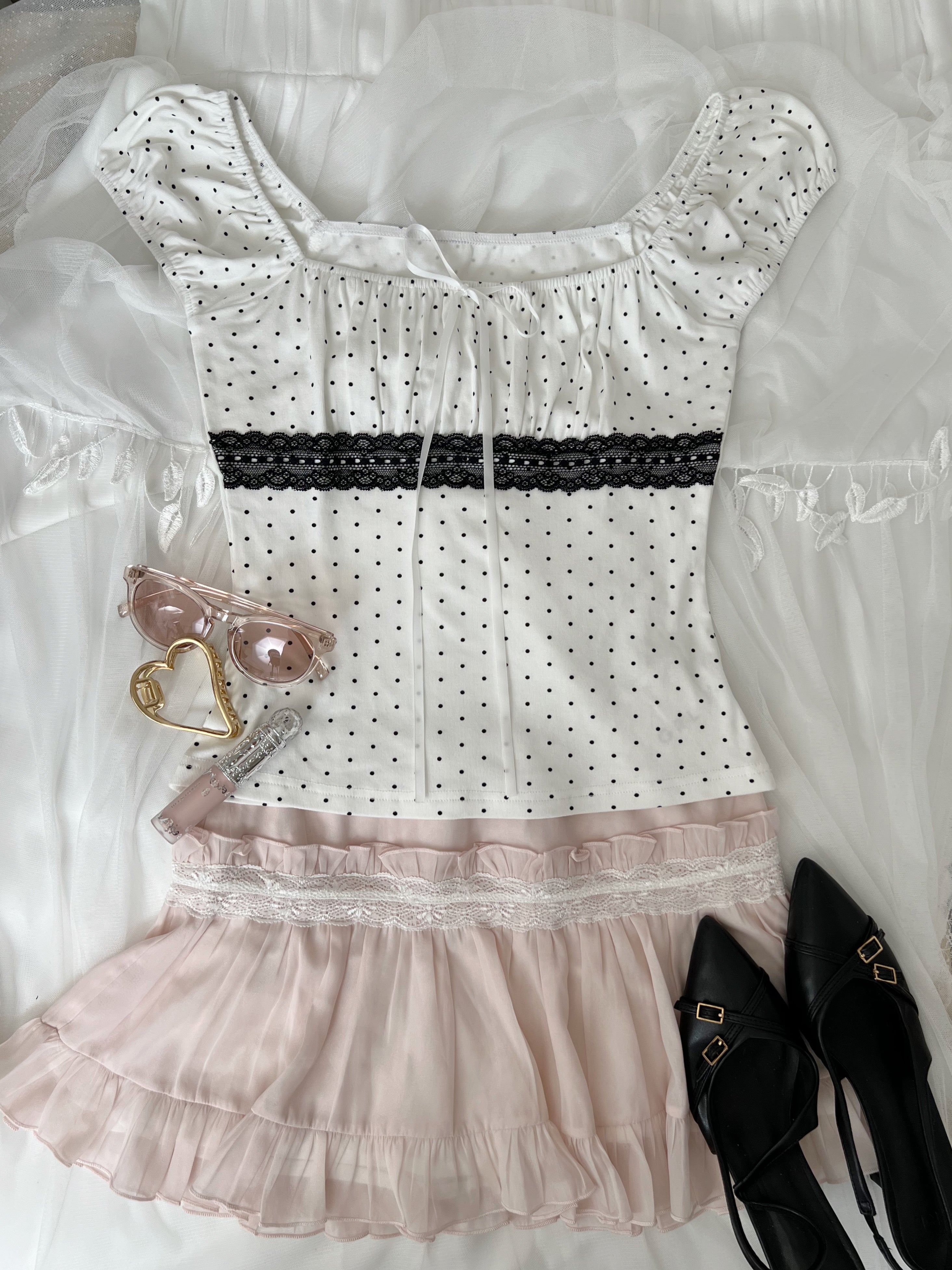 Polka dot Shoujo Gather Front T-shirt (White)