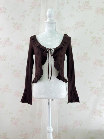 Clear Wide Sleeved Ruffled Cardigan (Chocolate)