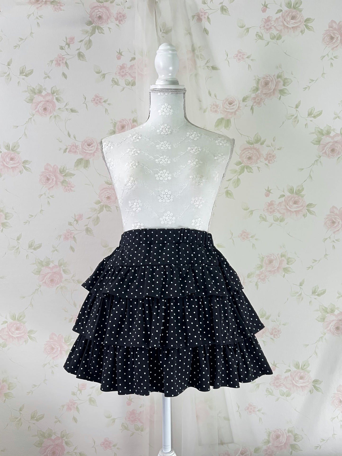 Polka Dot Tiered Skirt (Black)