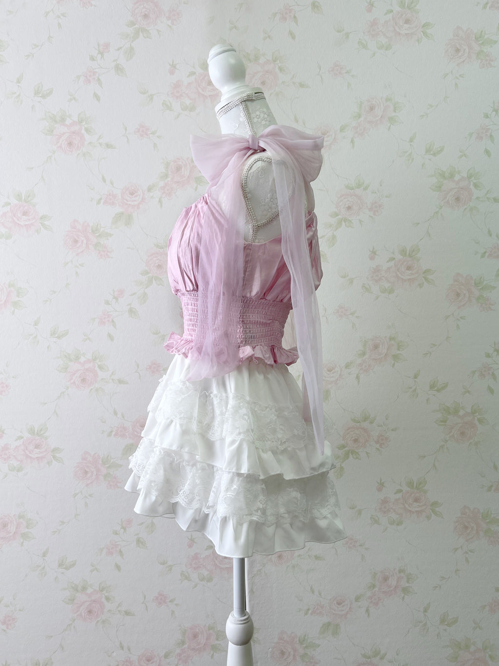 Chiffon Shoulder Bow Silky Top (Pink)