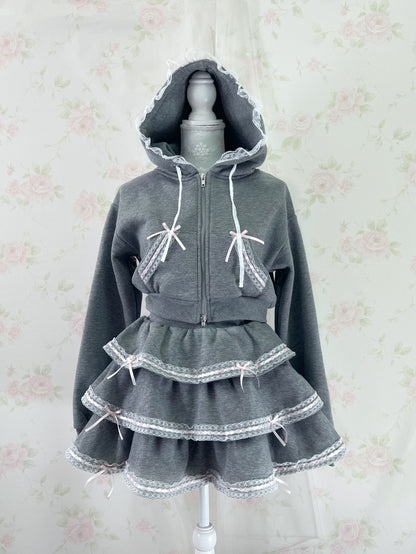 Lacy Ribbon Hoodie Skirt Set Up (Gray)
