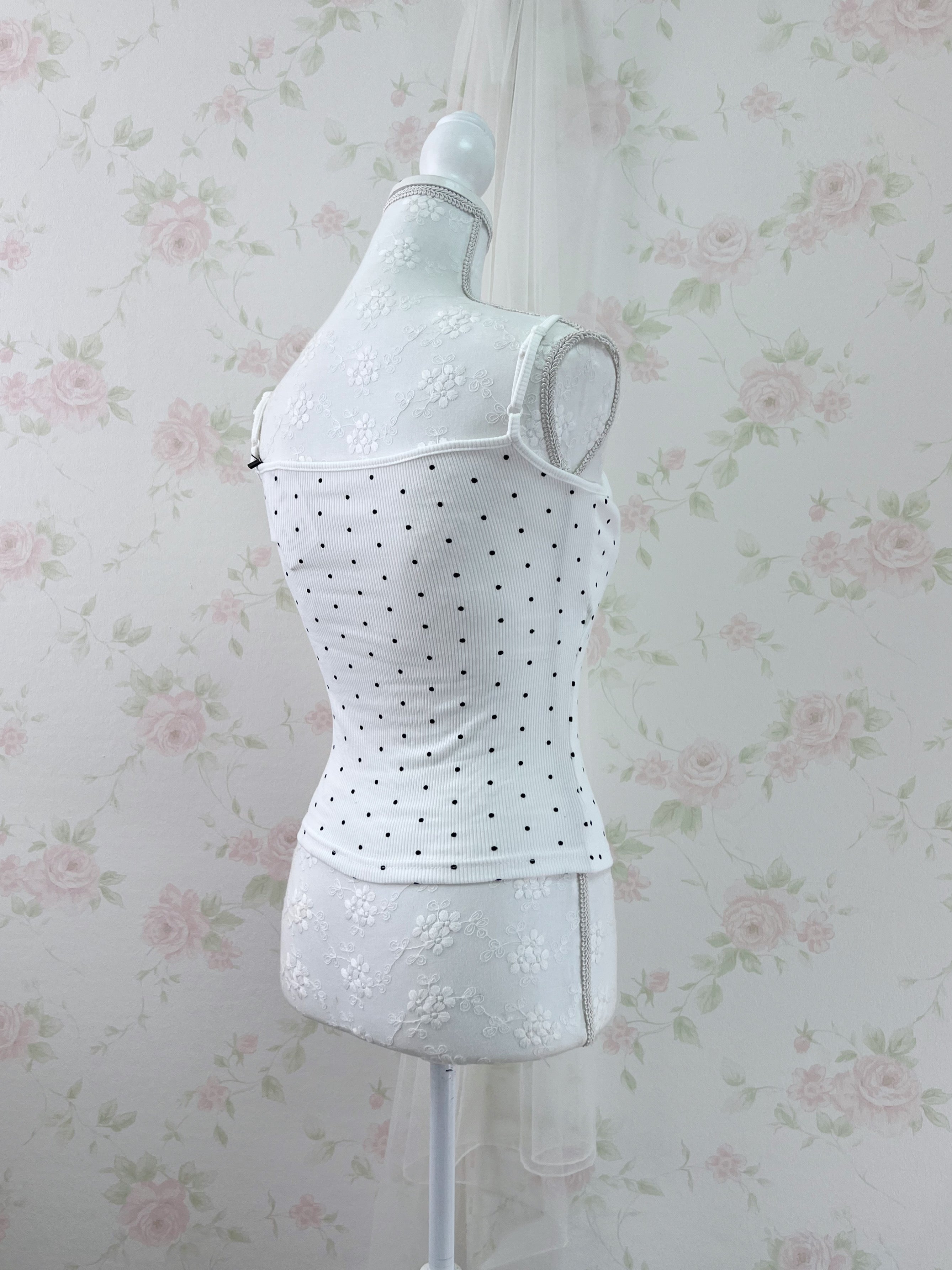 Lace Bow Polka Dot Camisole With Cups (White)