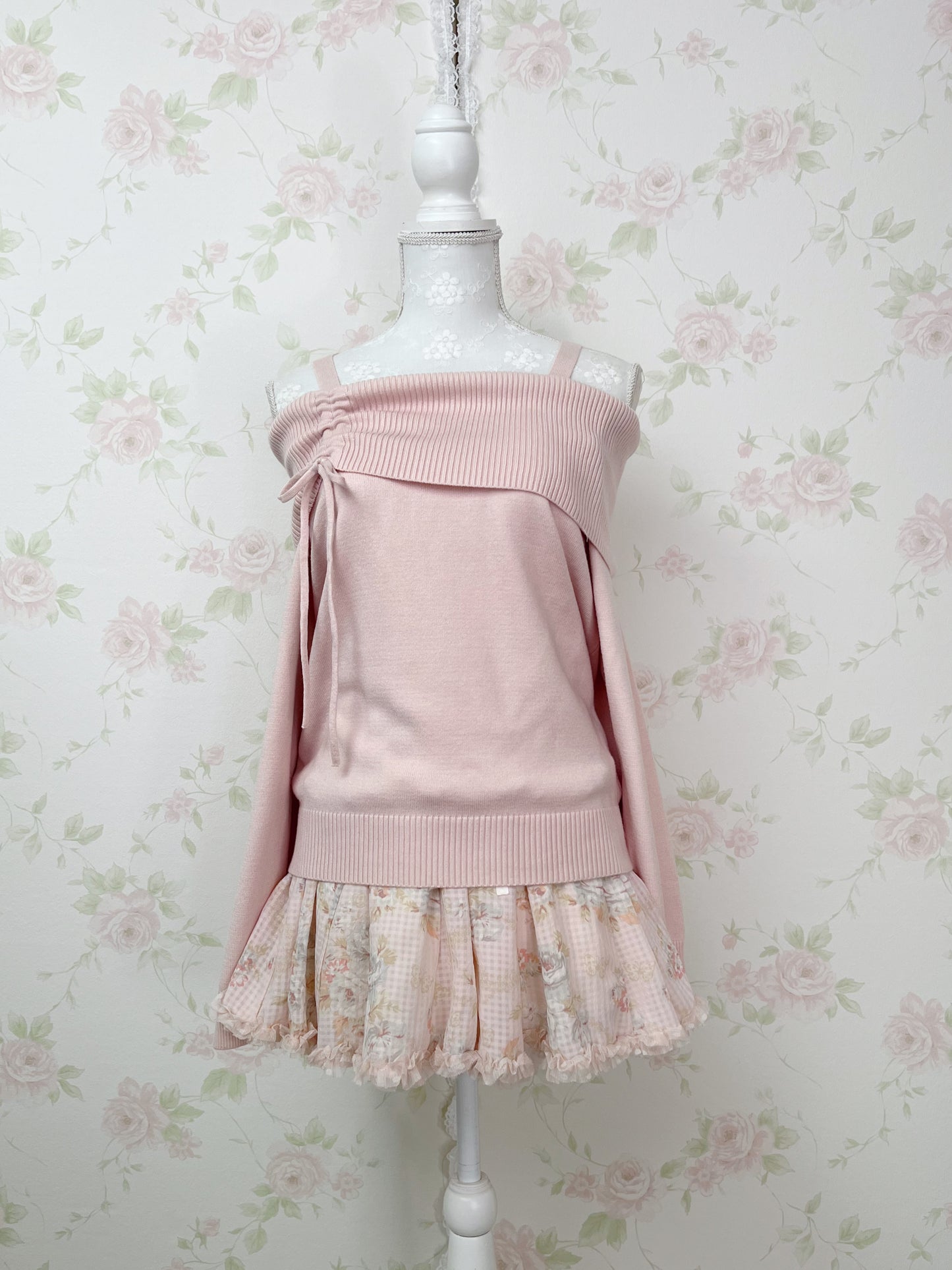 Side String Off Shoulder Shoujo Knit Top (Pink)