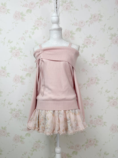 Side String Off Shoulder Shoujo Knit Top (Pink)