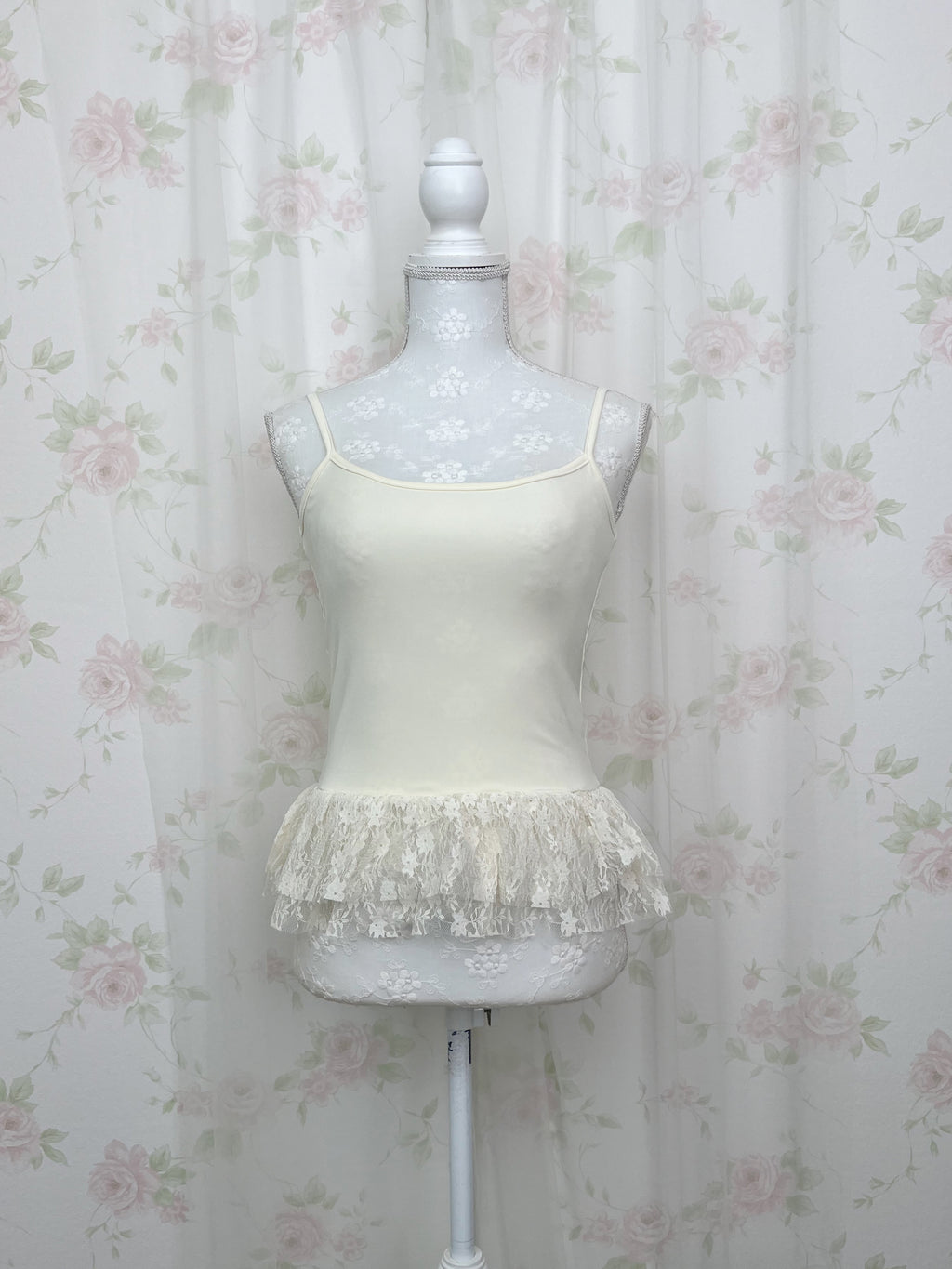 One Shoulder Knit Lace Camisole Set (Ivory)