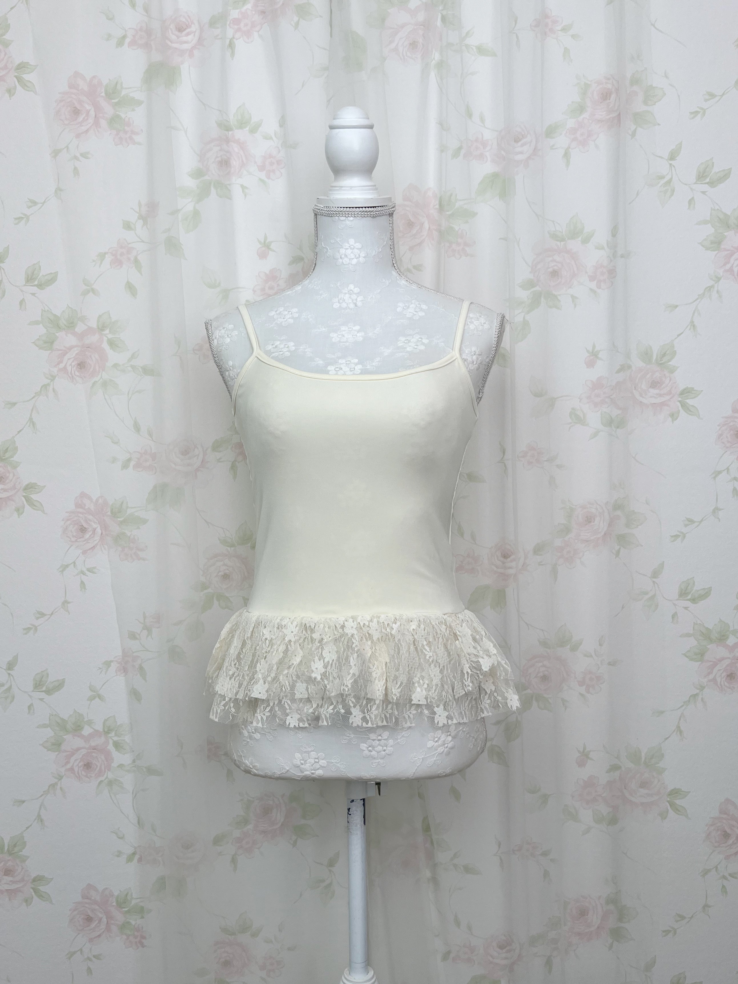 One Shoulder Knit Lace Camisole Set (Ivory)