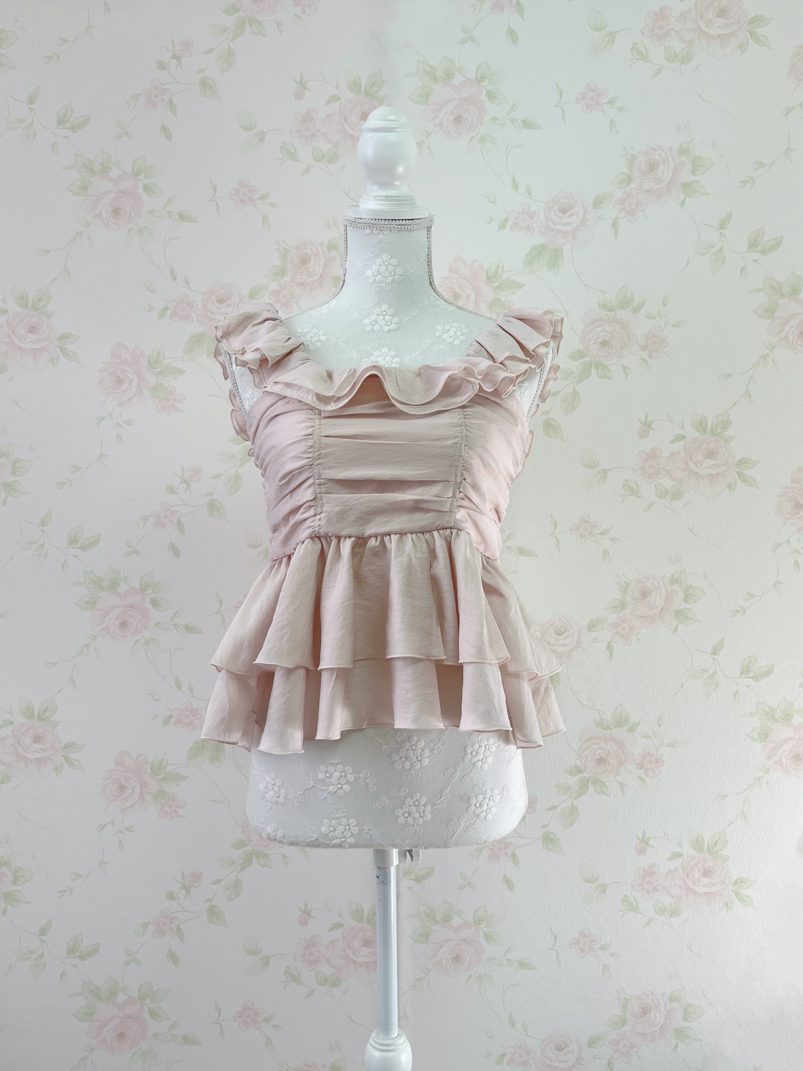 Ruffled Sleeve Peplum Top (Pink Beige)