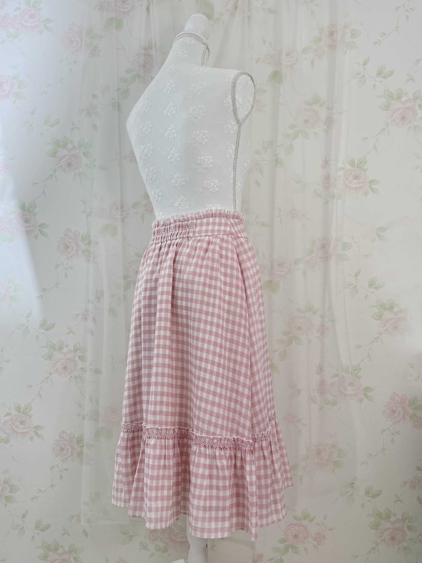 LODISPOTTO Checked Sweet Frilled  Long Skirt (Pink)