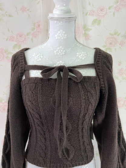 Cardigan Moe Sleeve Camisole Set (Brown)