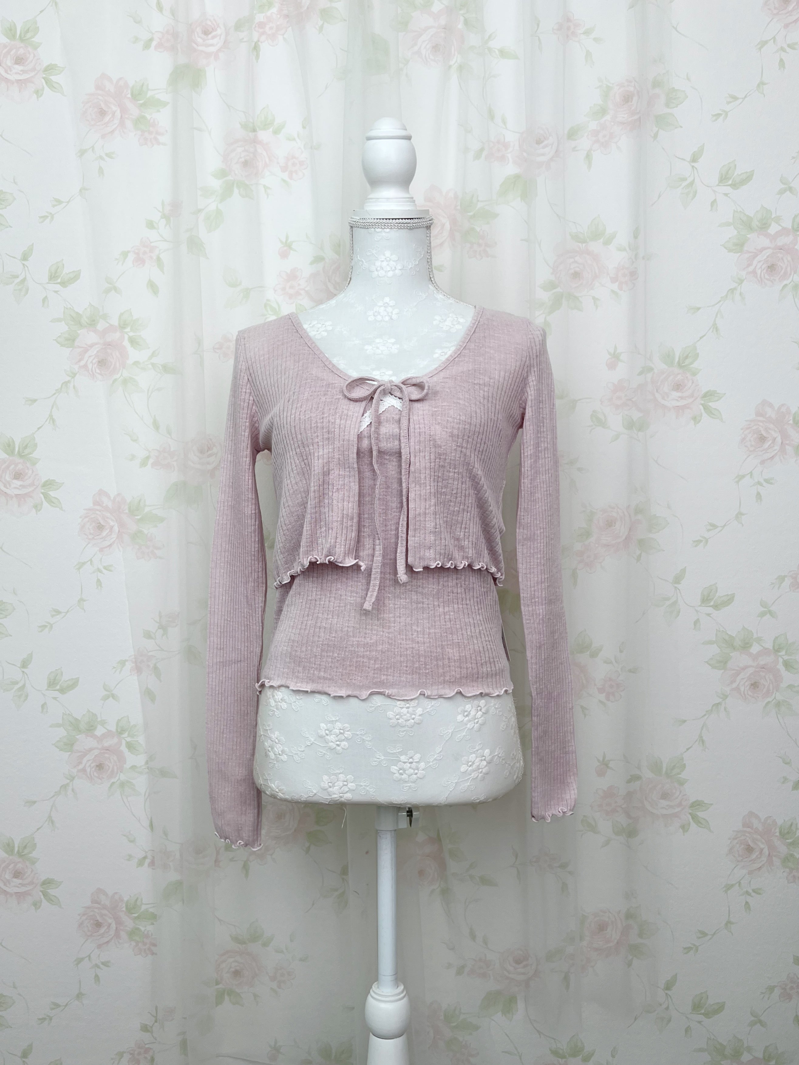 Lace Framed Camisole &Cardigan Set (Pink)