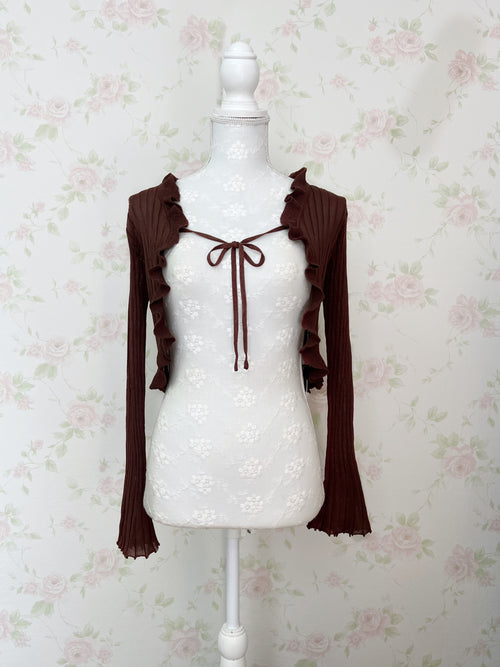 (20%OFF)Bell Sleeved Front String Cardigan (Chocolate)