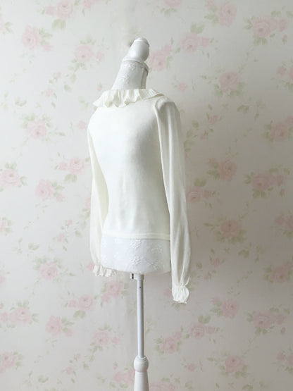 LIZ LISA Ruffled Collar Rib Top (Ivory)