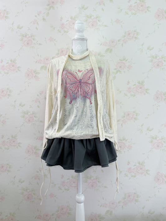 Butterfly Printed Damaged Long Sleeved Top