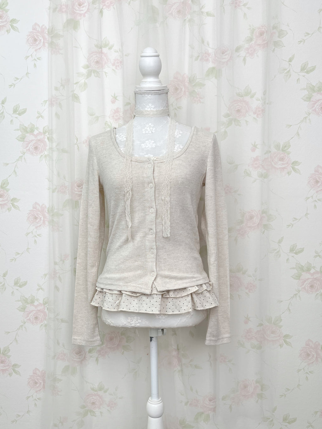 Polka Dot Cardigan Camisole Set (Beige)