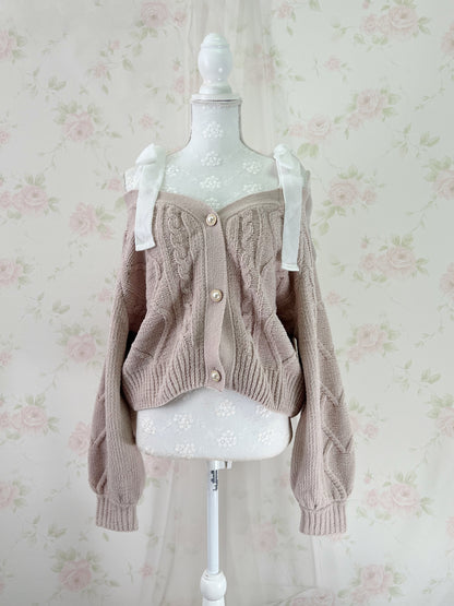 Velvet Shoulder Bow Sweater (Strawberry Milk Tea)