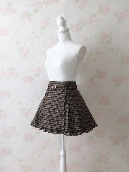Honey Cinnamon Checked Belt Skirt (Brown)