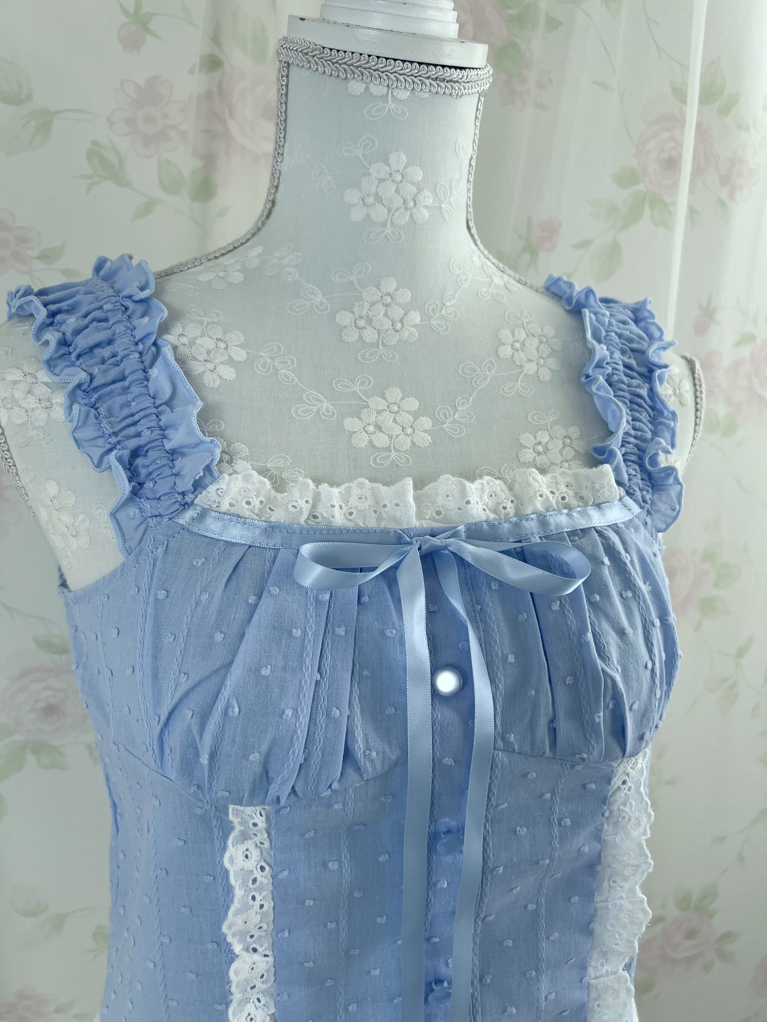 Cotton Gather Strap Top (Blue)