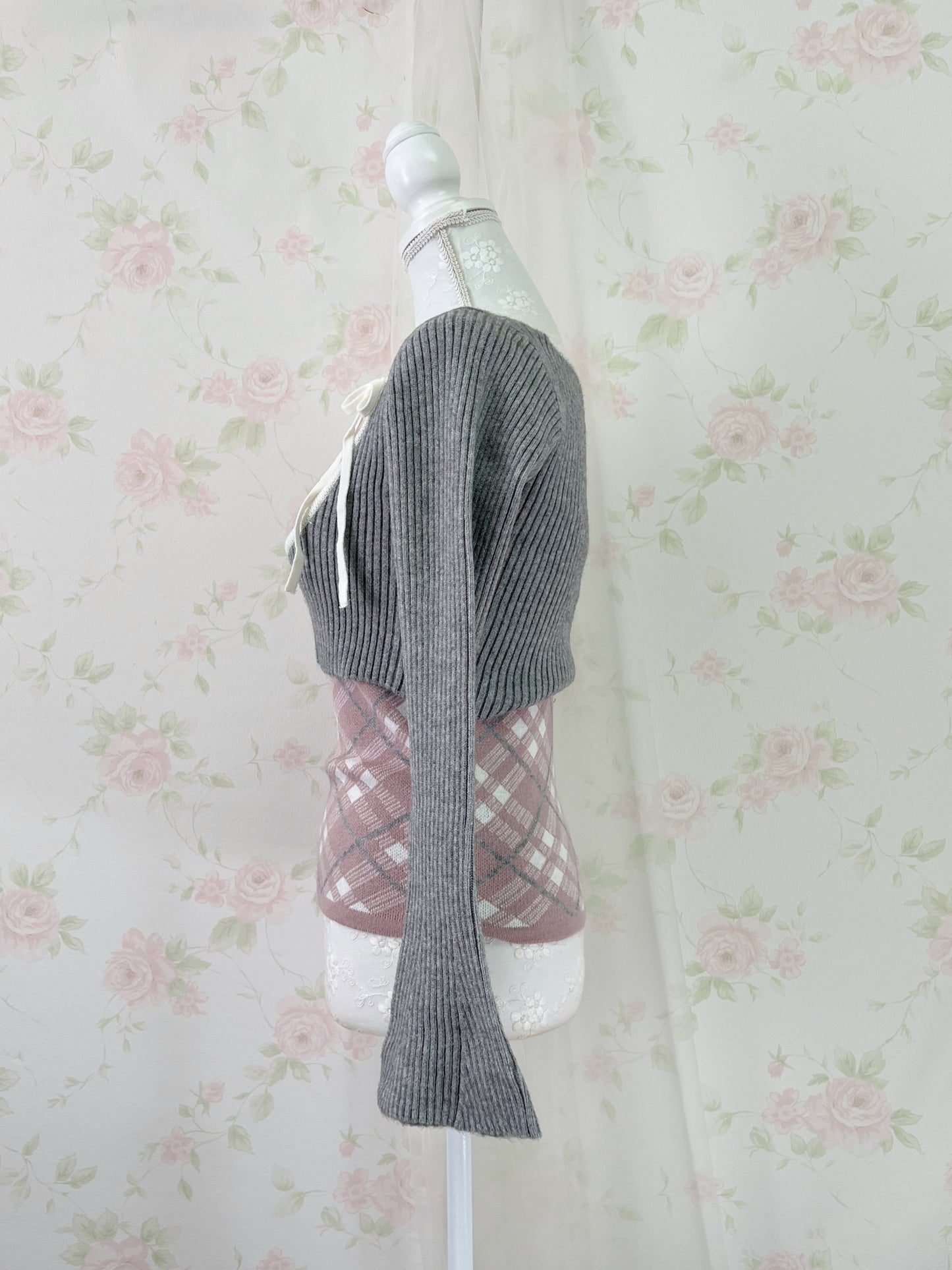 apres jour Short Knit Top & Camisole Set (Gray Pink)