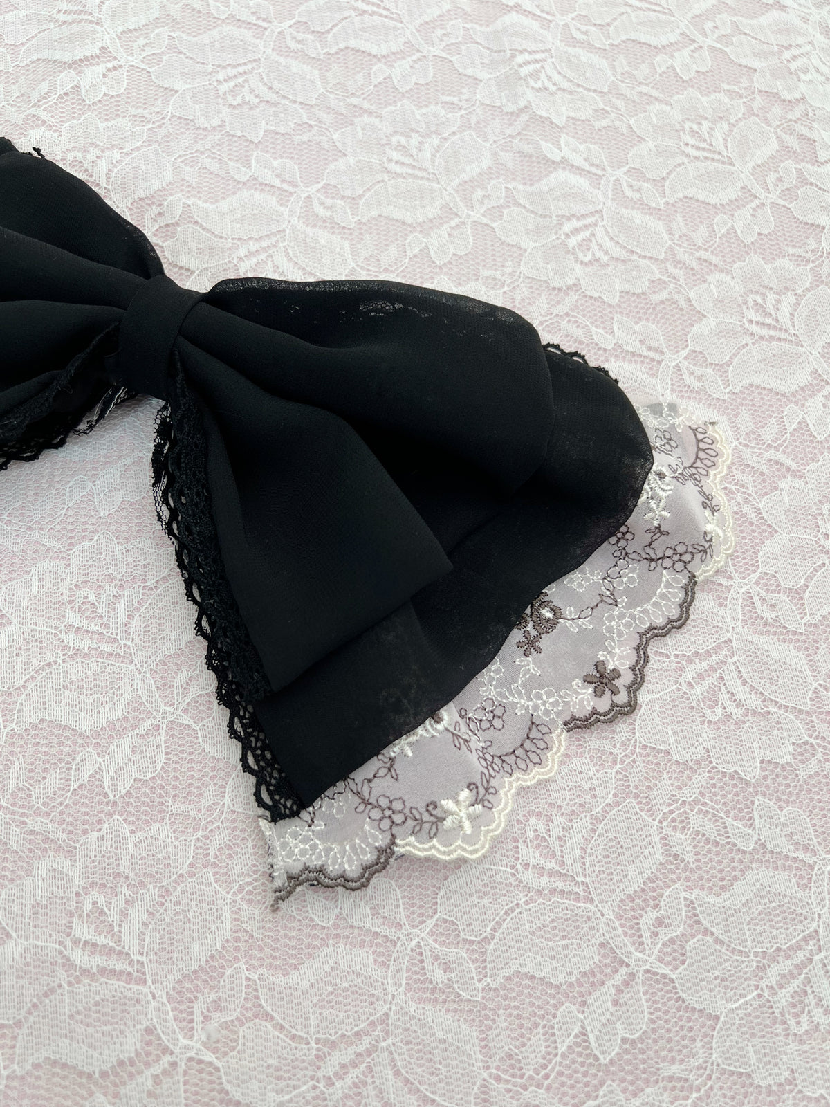 Kirallum Tokyo Handmade Chiffon Floral Embroidery Lace Big Bow (Black)