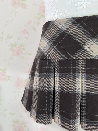 Wool Like Checked Pleated Skirt (Brown)
