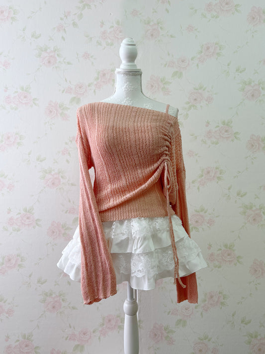 GRL Side String Knit Top Camisole Set (Peach Pink)