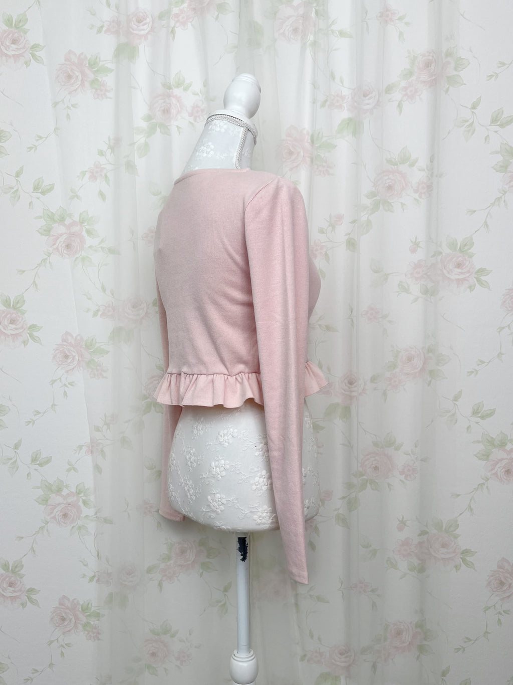 Ruffled Hem Pearl Button Cardigan (Pink)