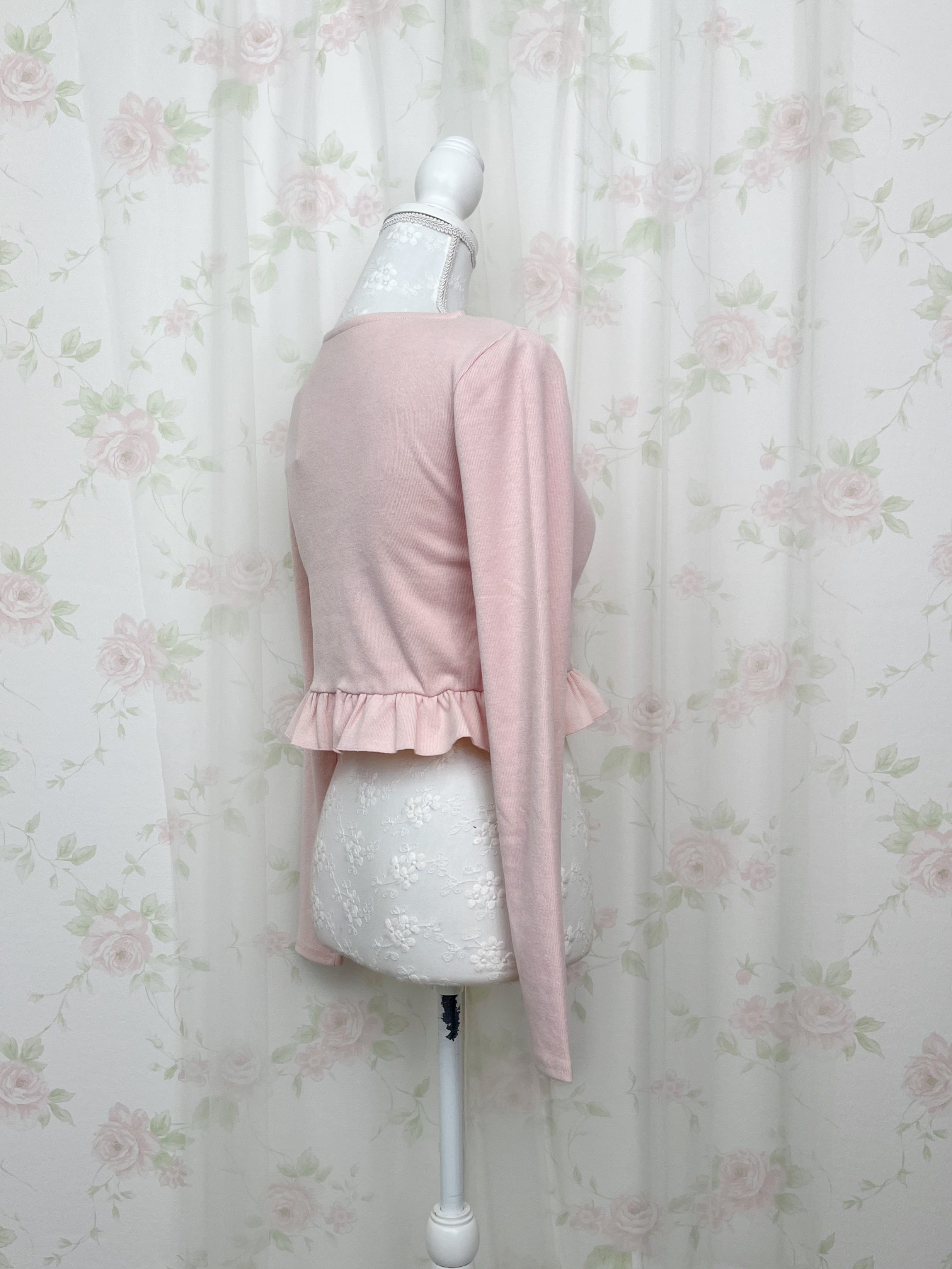 Ruffled Hem Pearl Button Cardigan (Pink)