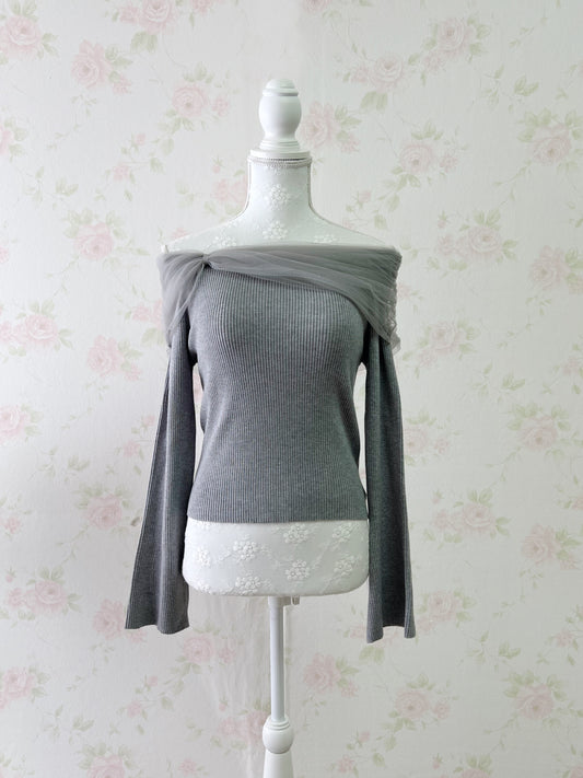 GRL Tulle Shoulder Knit Top (Gray)