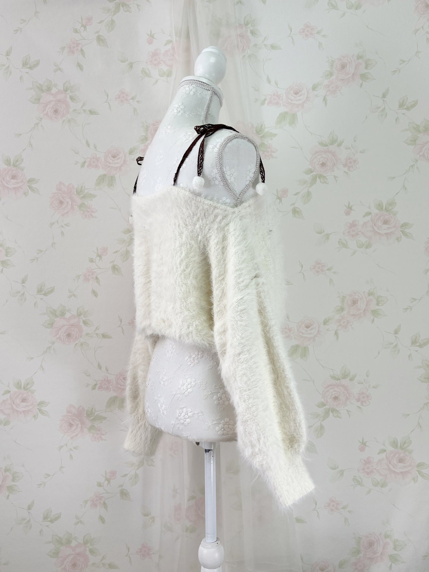 MultiPal Store Original Pom Pom Lace Strap Shaggy Sweater (Ivory)