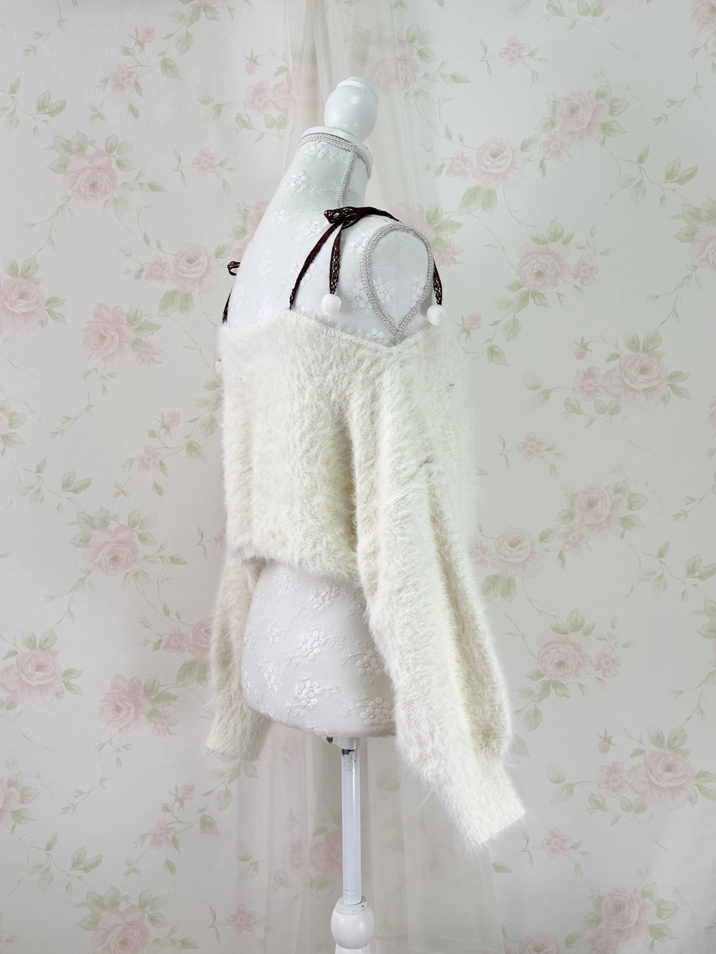 MultiPal Store Original Pom Pom Lace Strap Shaggy Sweater (Ivory)