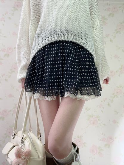 Honey’s Polka Dot Lace Hem Pleated Skirt