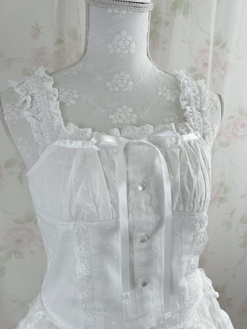 Cotton Lace Gather Strap Top (White)