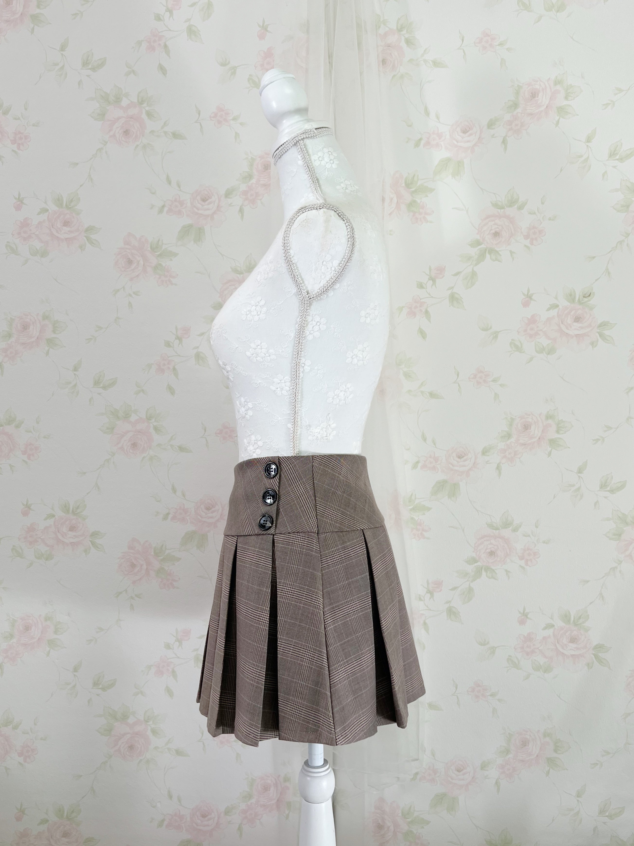 Double Button Checked Pleated Skirt (Brown)