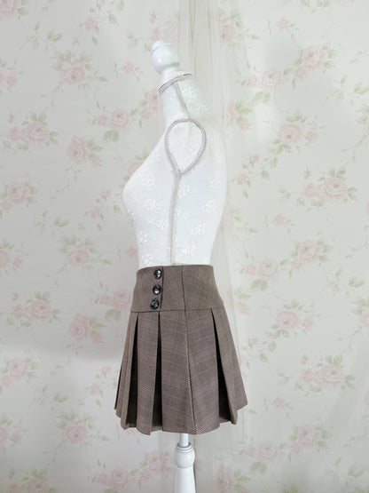 GRL Double Button Checked Pleated Skirt (Brown)