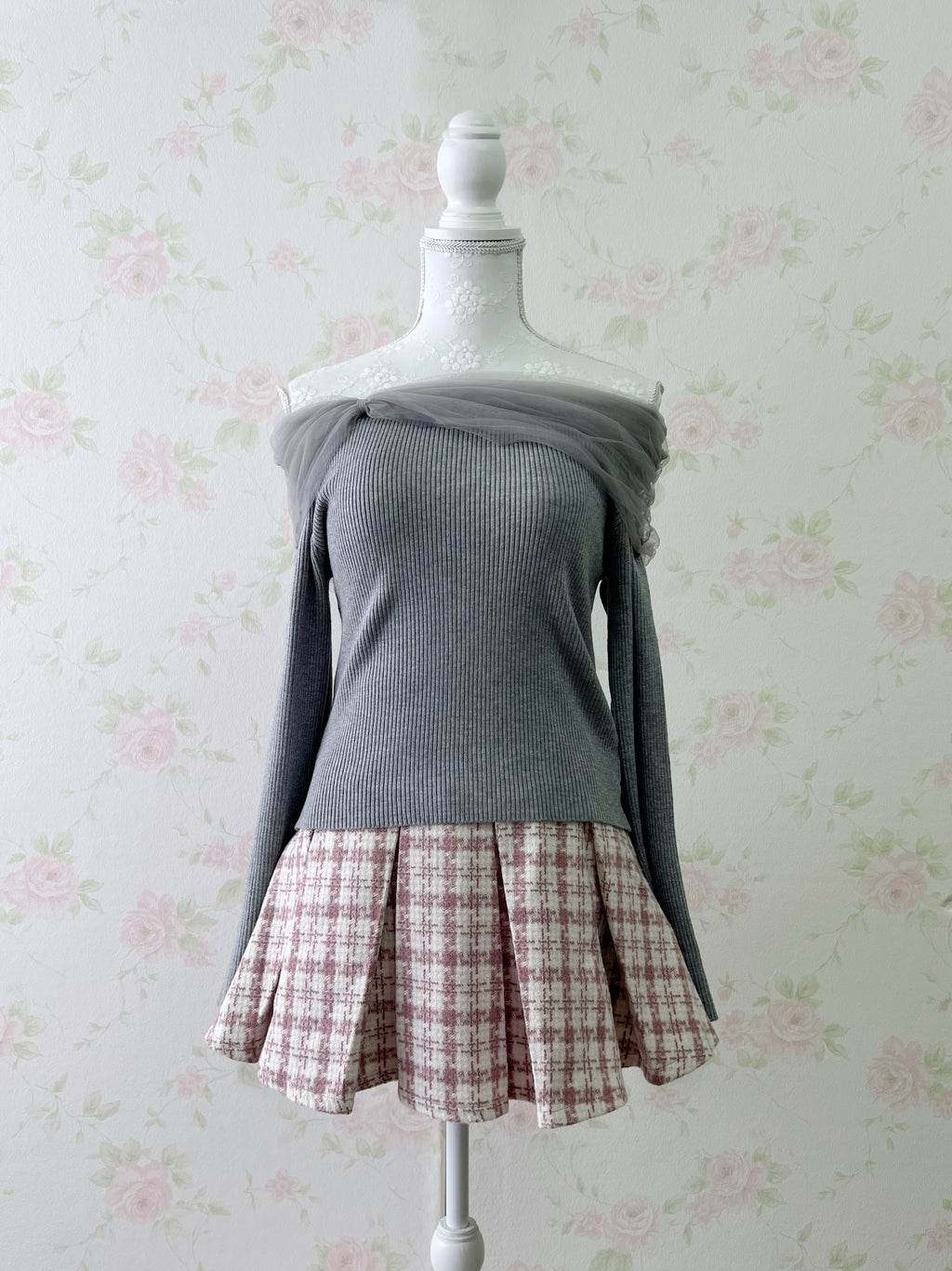 Tulle Shoulder Knit Top (Gray)