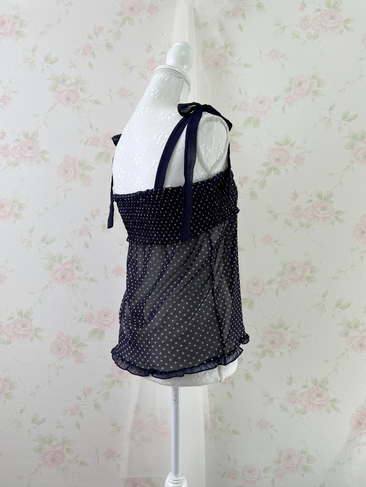 iiMK Polka Dot Shoulder Bow Babydoll Top (Purple Navy)