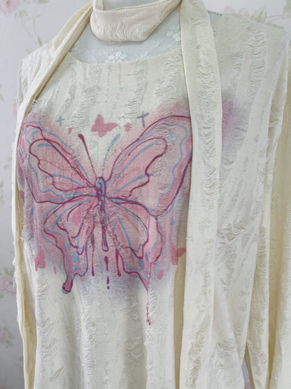 Butterfly Printed Damaged Long Sleeved Top
