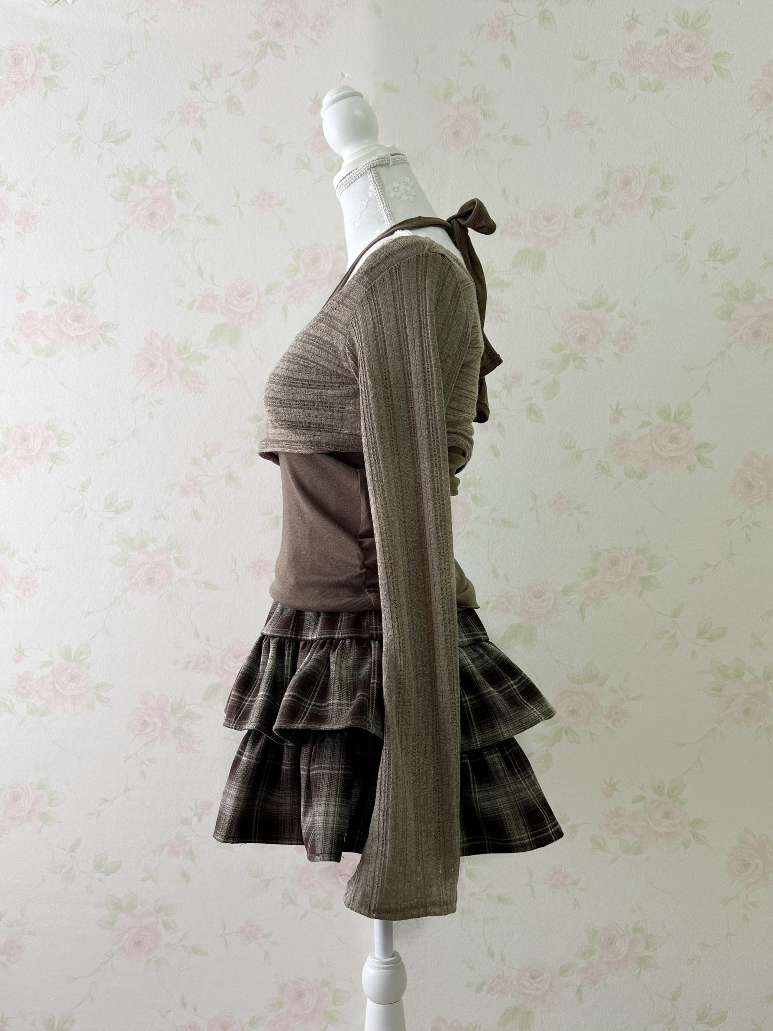 Wide Sleeve Top & Tank Top Set (Brown)