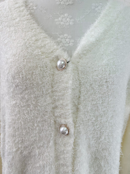GRL Laced Up Bow Shaggy Cardigan (Ivory)