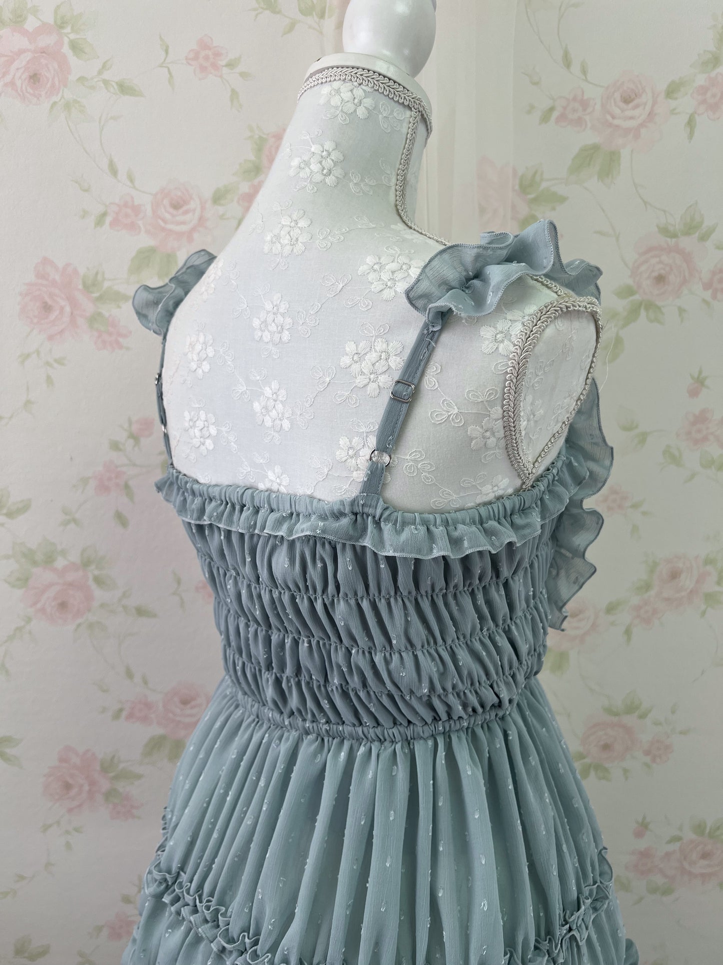 GRL Frilled Strap Tiered Dress (Grayish Blue Green)