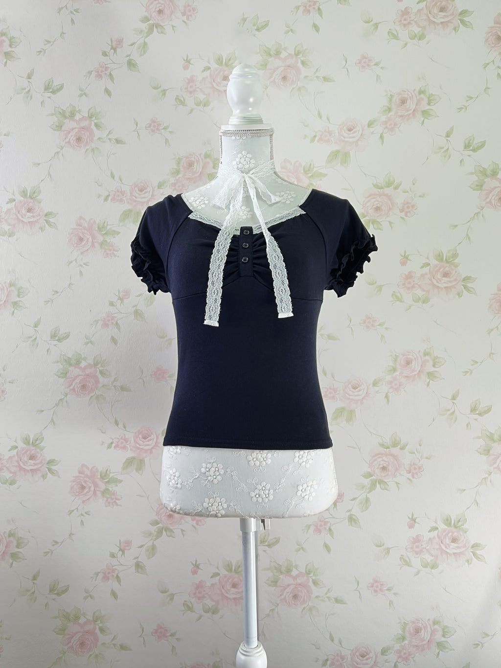 Lace Choker Girly Cotton T-Shirt  (Black)