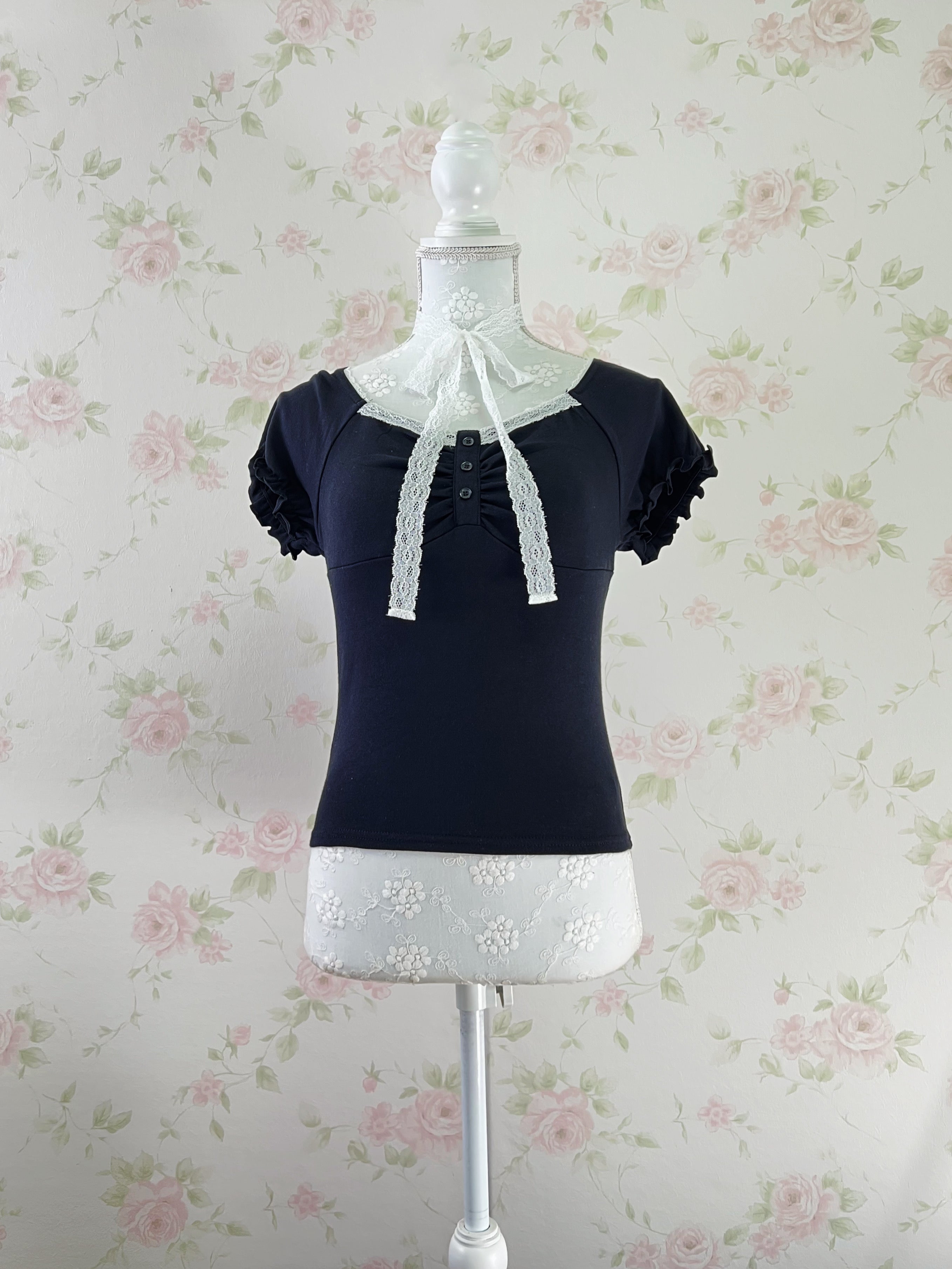 Lace Choker Girly Cotton T-Shirt  (Black)