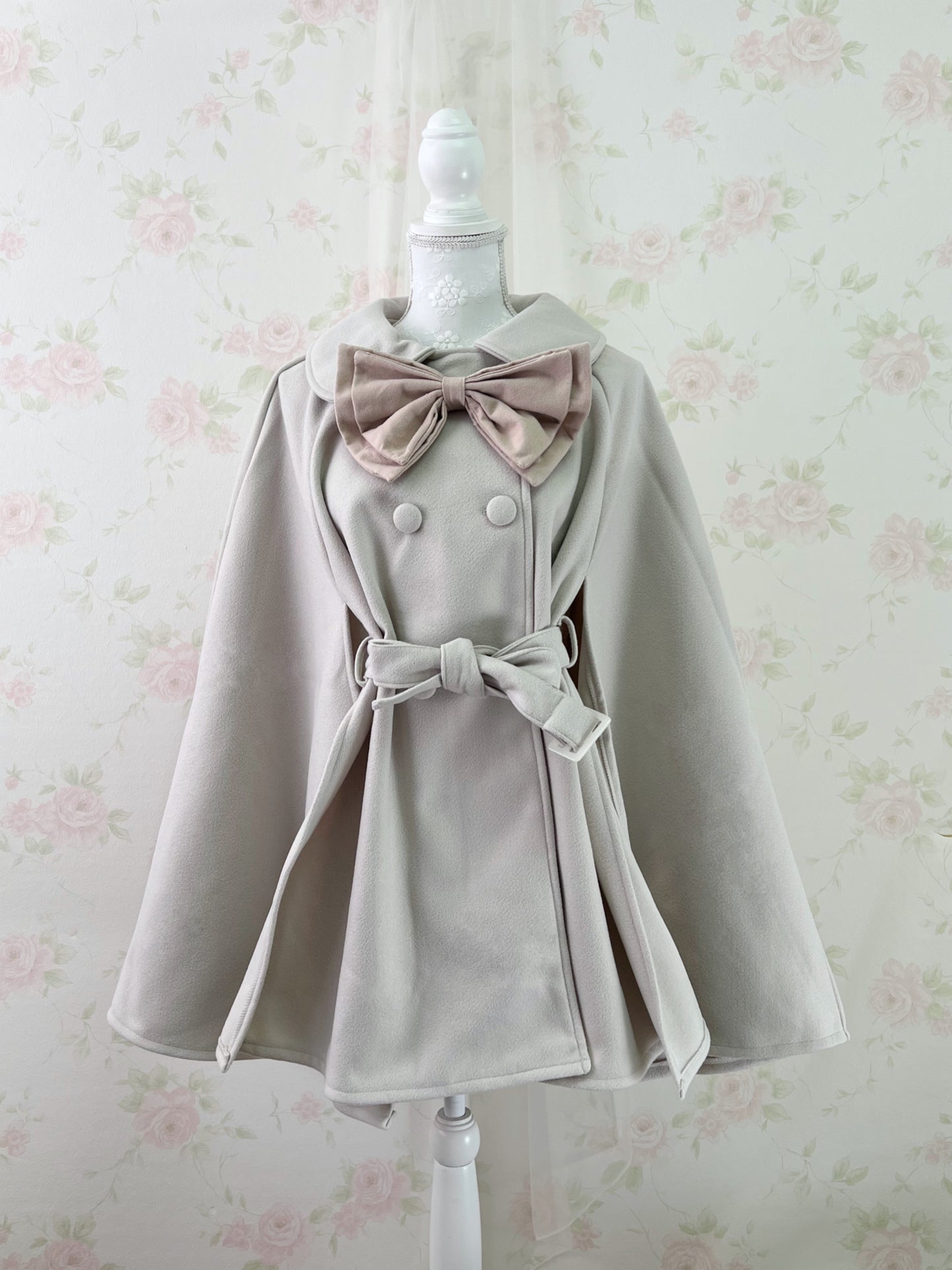 GRL Dolly Collar Button Up Poncho Coat (Beige)