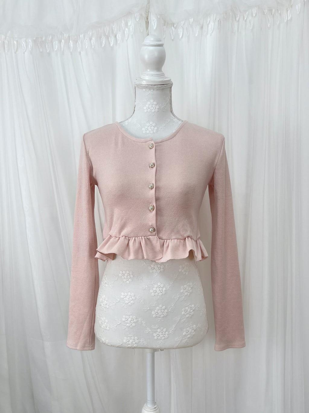 Ruffled Hem Pearl Button Cardigan (Pink)