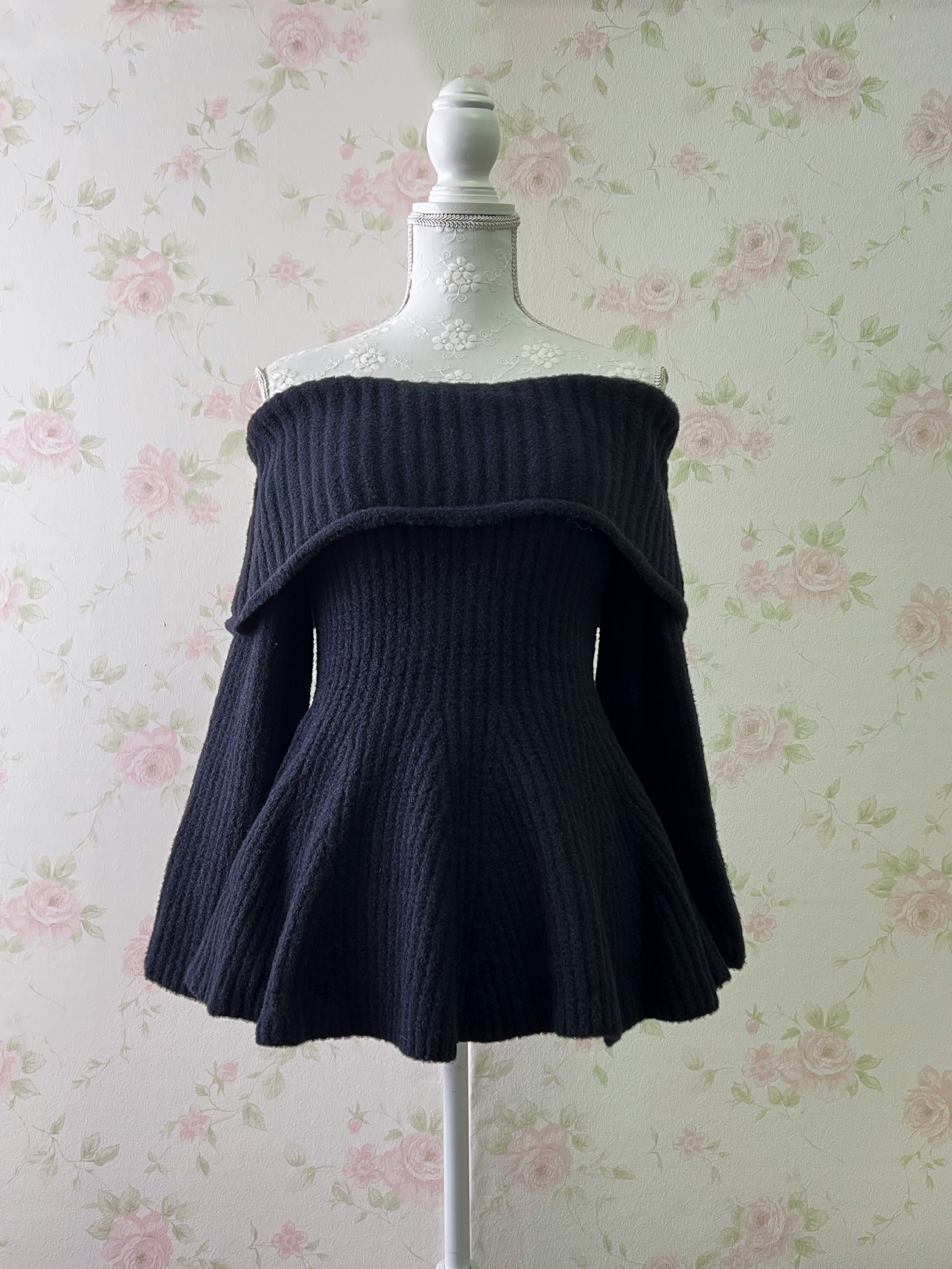 Off Shoulder Wide Sleeved Knit Top (Black)