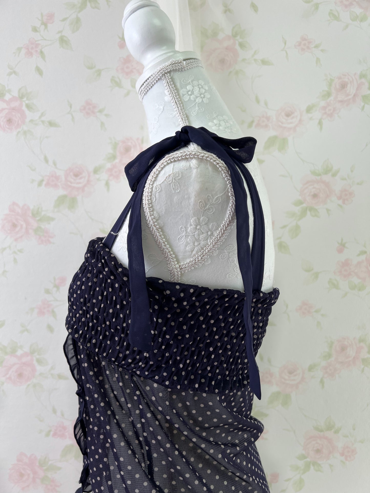 iiMK Polka Dot Shoulder Bow Babydoll Top (Purple Navy)