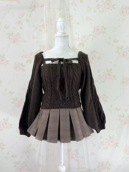 Cardigan Moe Sleeve Camisole Set (Brown)