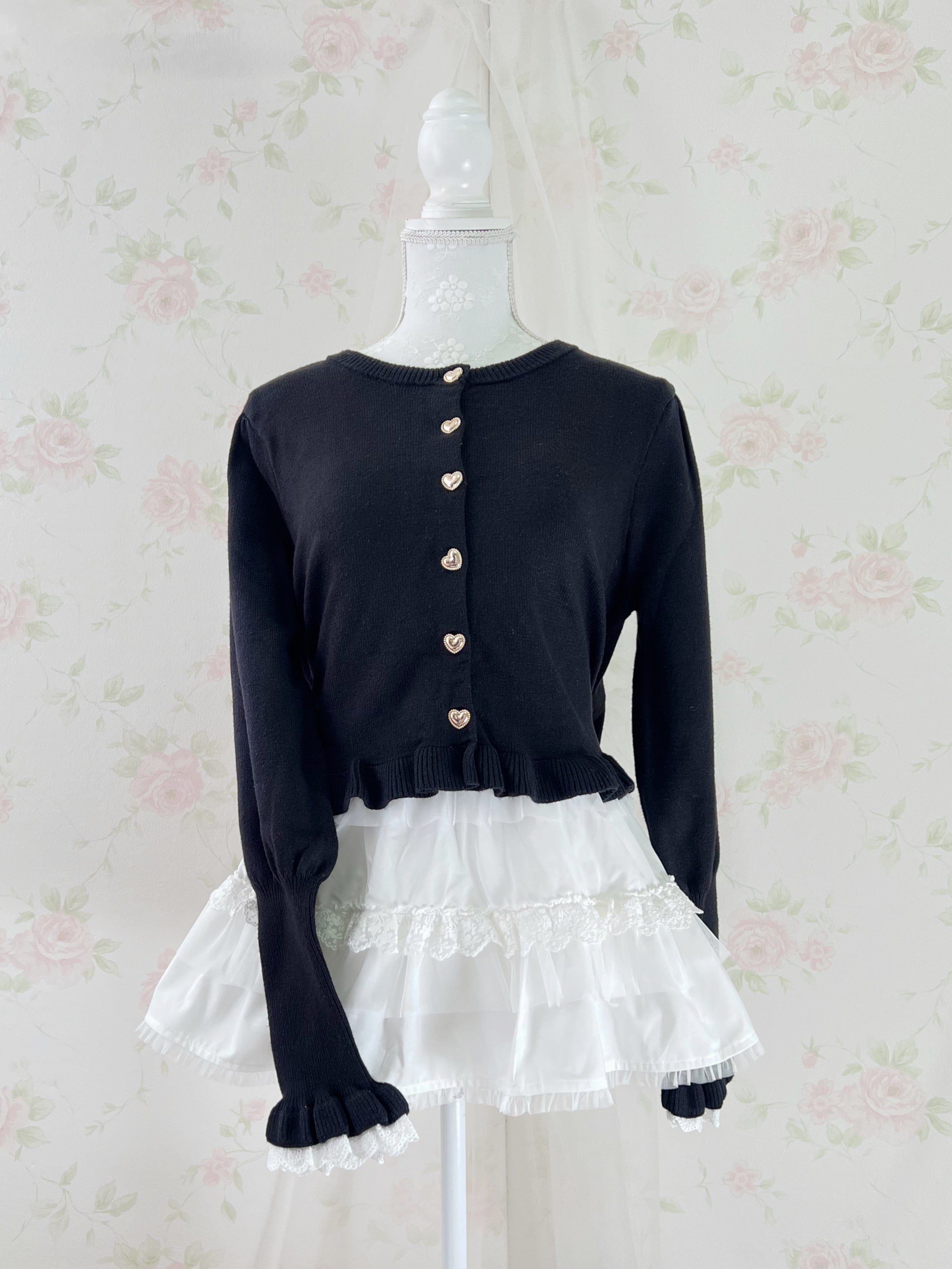 Gold Heart Button Cotton Lace Sleeve Cardigan (Black)